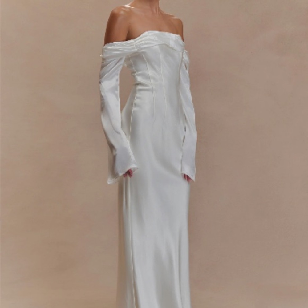 Meshki Giselle Off-Shoulder White Satin Maxi Dress BNWT
